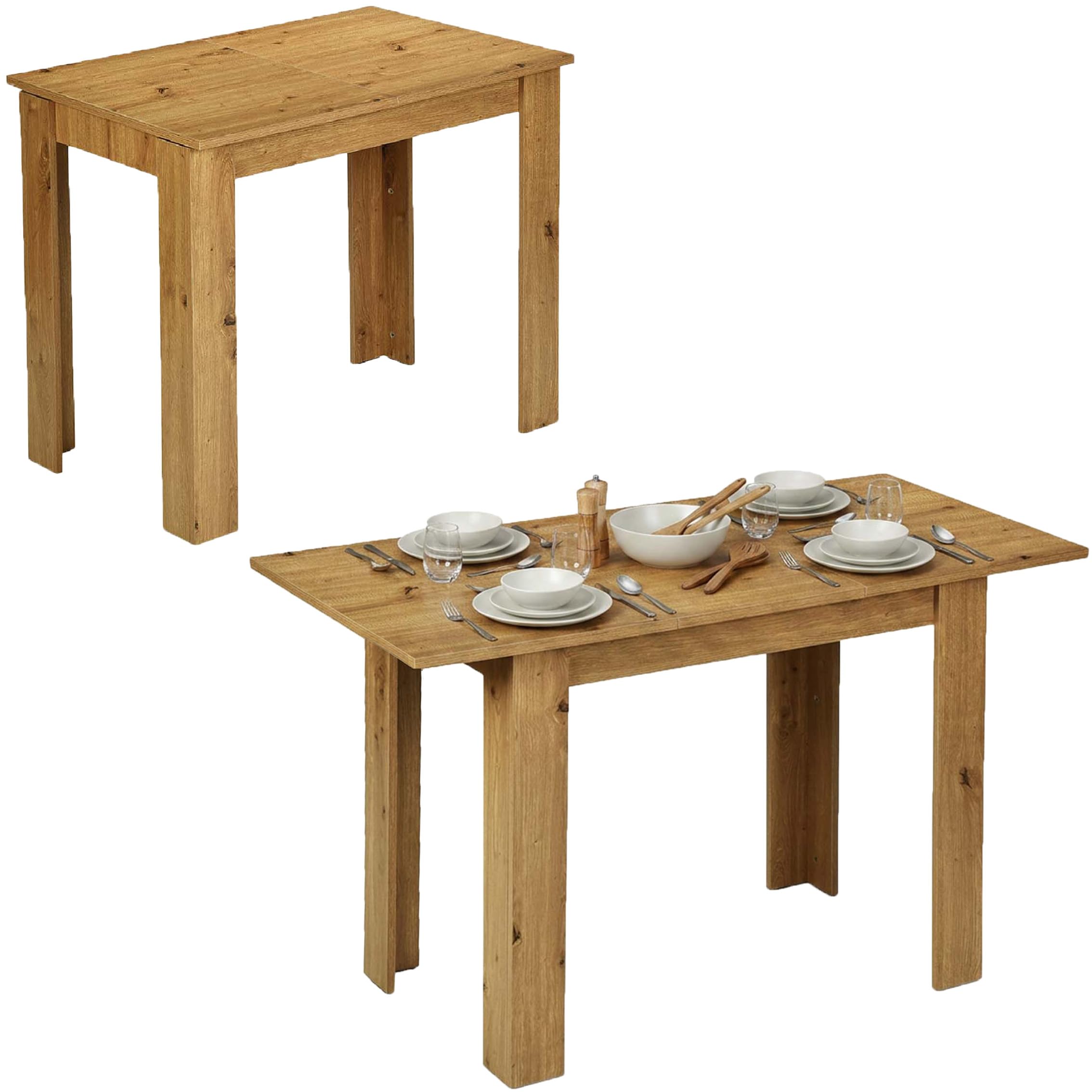 Esstisch ausziehbar Eiche Optik Küchentisch 90 bis 125 x 60 x 76 cm | Ausziehbarer Küchentisch in Eiche Optik mit 1,8 cm Tischplatte für Küche Esszimmer Wohnung und kleine Räume bis 4 Personen
