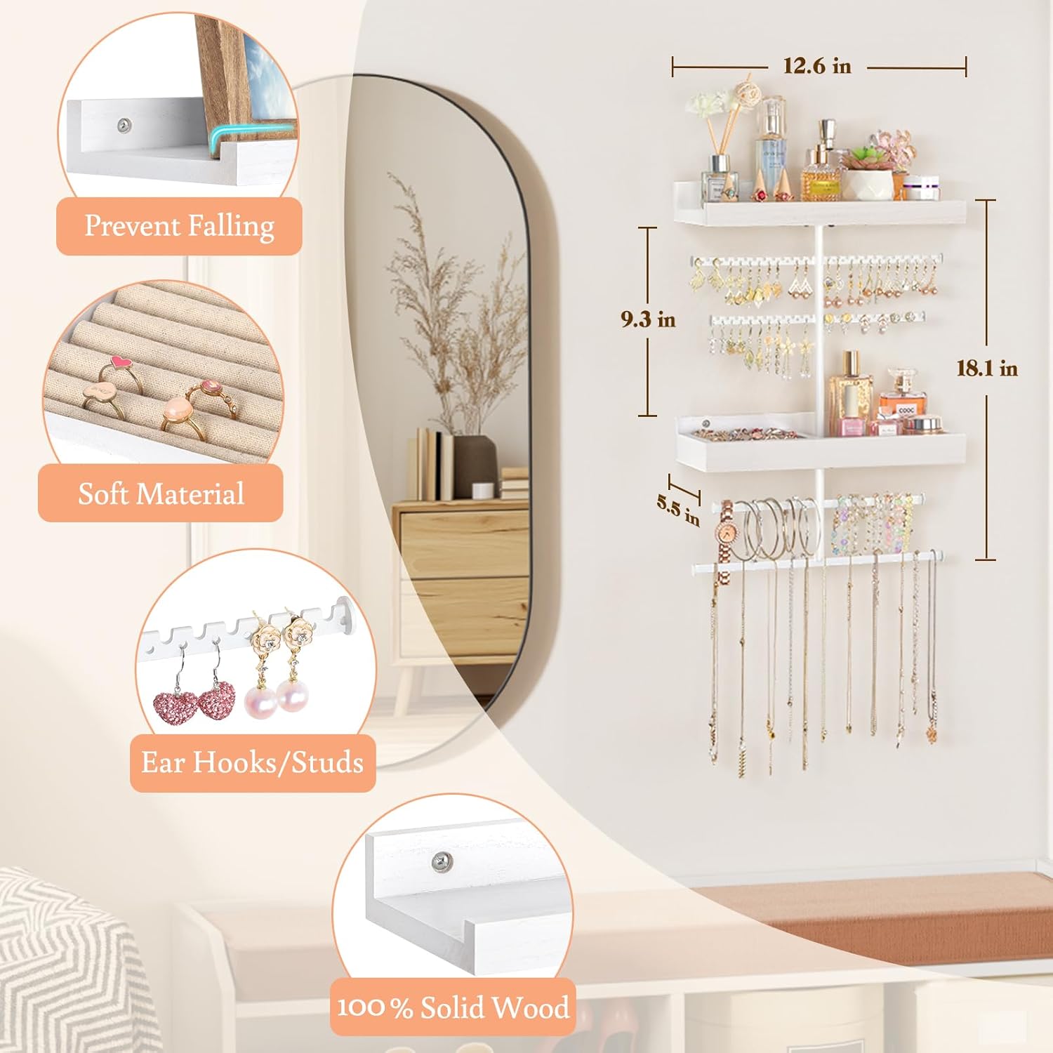Keebofly Wall Mounted Jewelry Organizer with 2 Tired Shelves & Ring Holder- Jewelry Holder Wall Storage Display for Earrings, Necklace, Bracelet, Hair Accessories for girls in Bathroom Bedroom, White