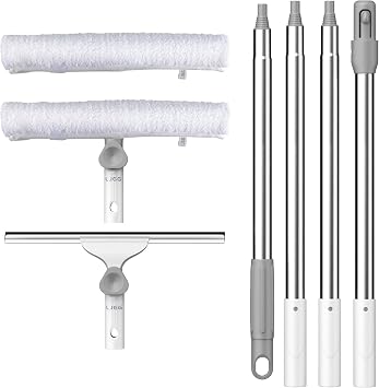 Window Cleaning Squeegee Kit, 14" Silicone Blade and Microfiber Scrubber with 54" Aluminum Handle, 2-in-1 Rotating Window Cleaner for Glass Doors, Shower, Mirrors and Home Windows LJGG Gray/White