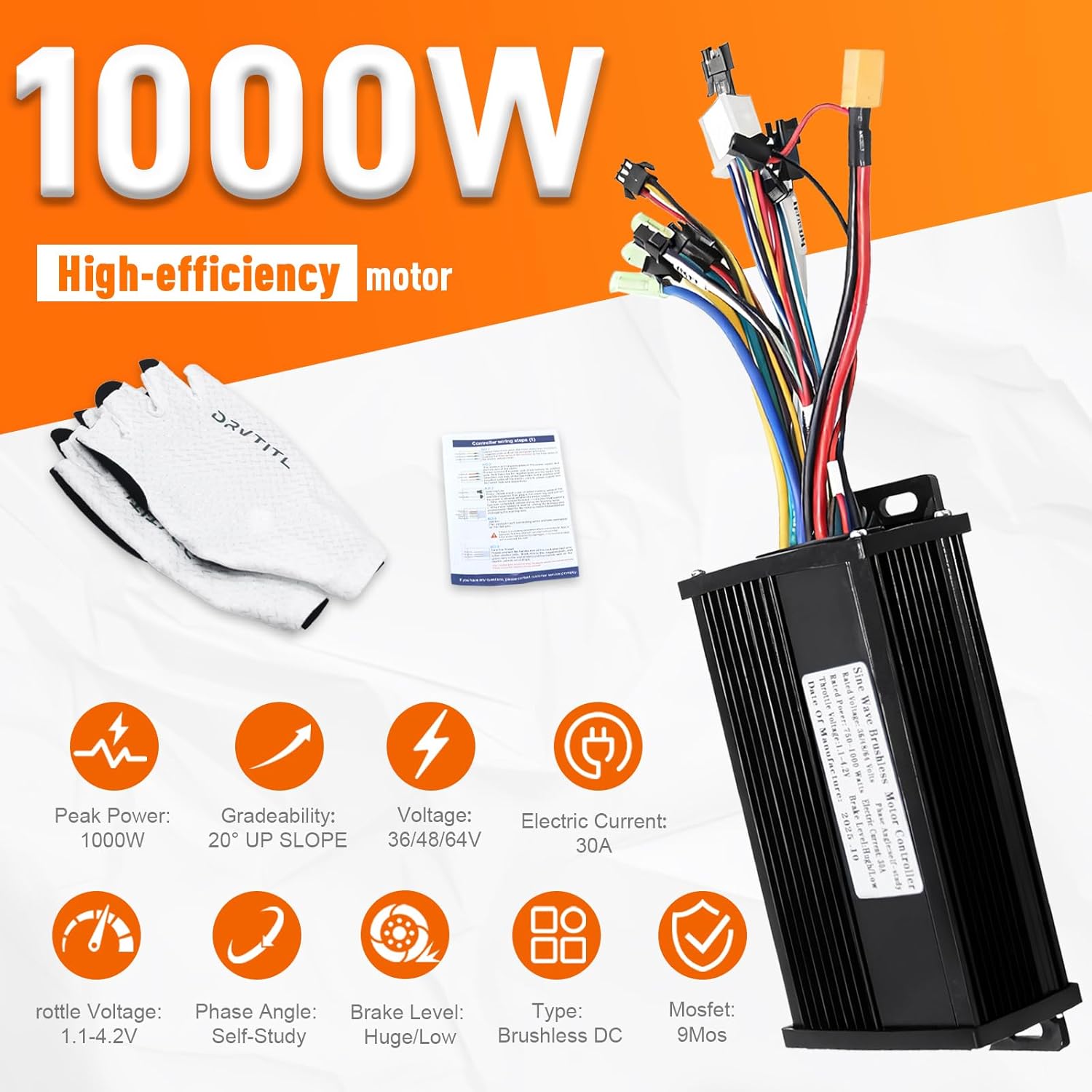 Electric Bike Controller 36V/48V/64V 30A 750W/1000W JN Sine Wave Brushless Motor Controller for Ebike Or Scooter Motors for UART No.2 Protocol with Hall-Based Or Sensorless Aluminum Black
