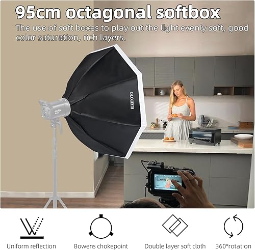 Miniatura 5 de Caja de luz octogonal de 37.4 in14.6 in, difusor doble, extracción de instalación rápida, compatible con flash Bowens, iluminación continua,