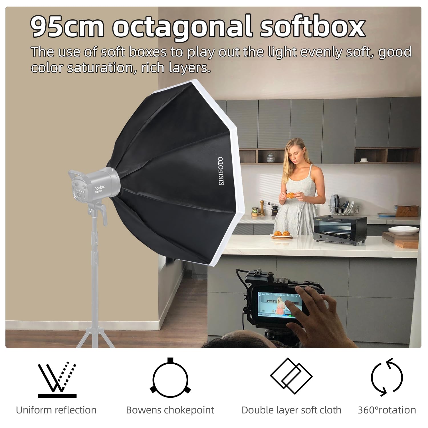 Softbox Octogonal 95 cm/37", Difusor Doble, Extracción Instalación Rápida, Compatible con Flash Montura Bowens, Iluminación Continua, Adecuado para Retratos, Productos, Filmación Videos