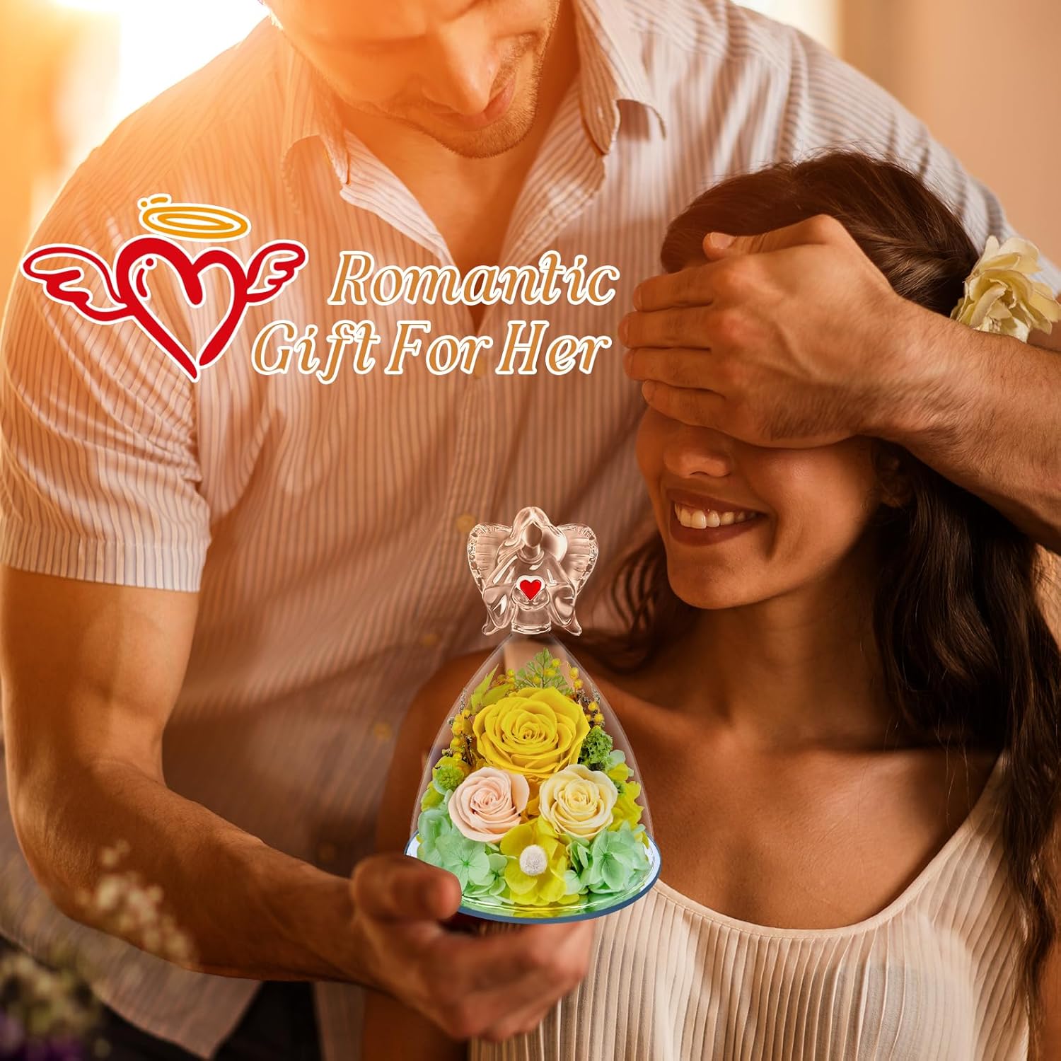 Preserved Flowers in Glass Angel Figurine with LED Light,Forever Real Roses Prime Eternal Flower Birthday Glitter Decorations for Her Women Mom Grandma Sister (Yellow) - Image 7