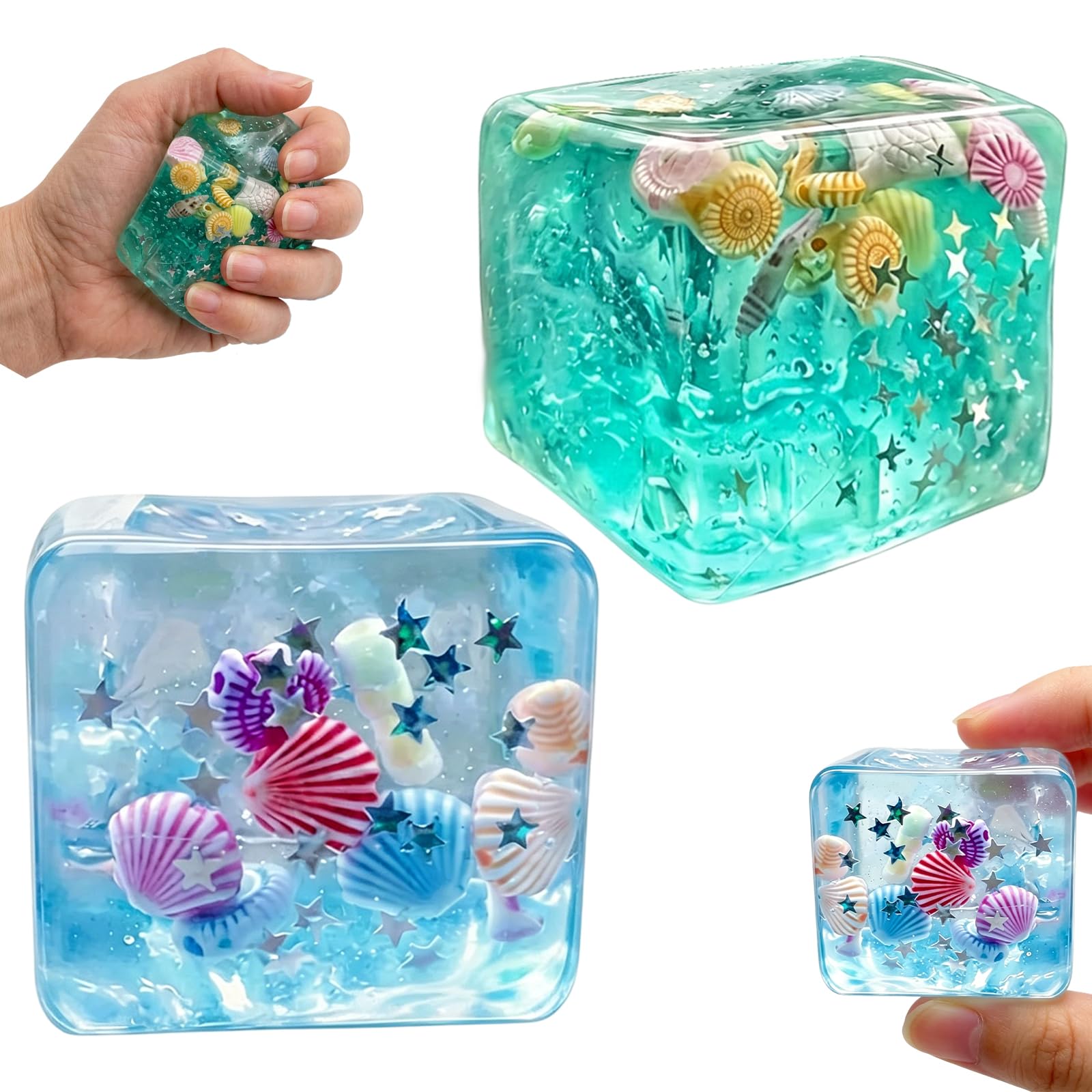 2 PCS Ice Cube Squishy, Ice Cube Stress Ball for Relaxation, Ocean Shell Design with Blue and Green Colors, Set of Two 4.5cm Squishy Cubes