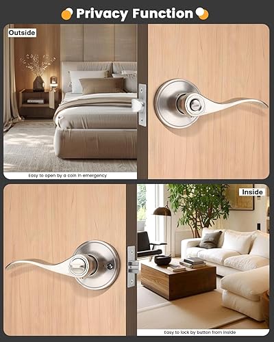 Miniatura 5 de Gobrico Manijas de puerta de níquel cepillado, manijas de puerta de privacidad para cama y baño, manejo universal, manijas de gotaonda, cerraduras