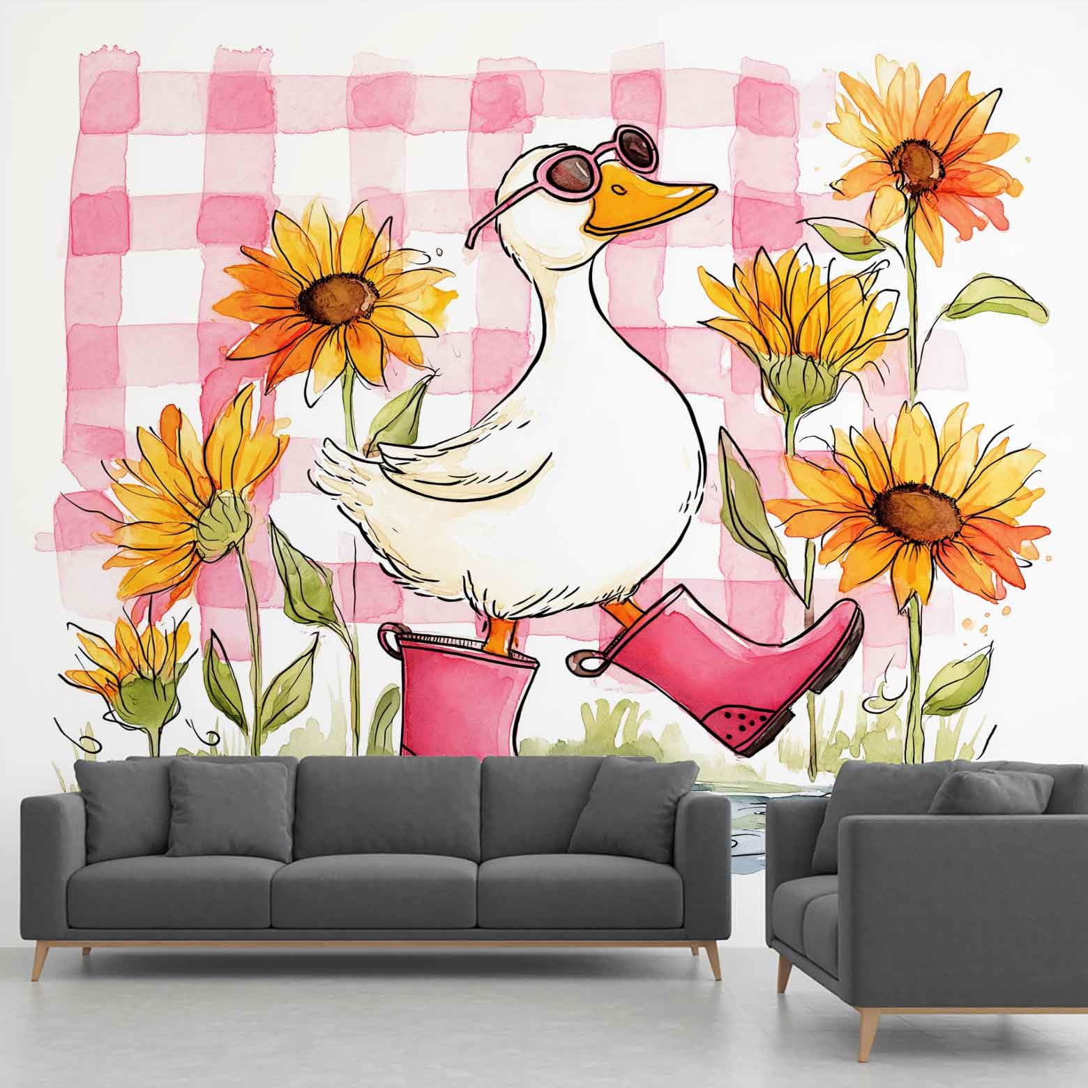 Papier peint canard pour masquer un mur et égayer une chambre