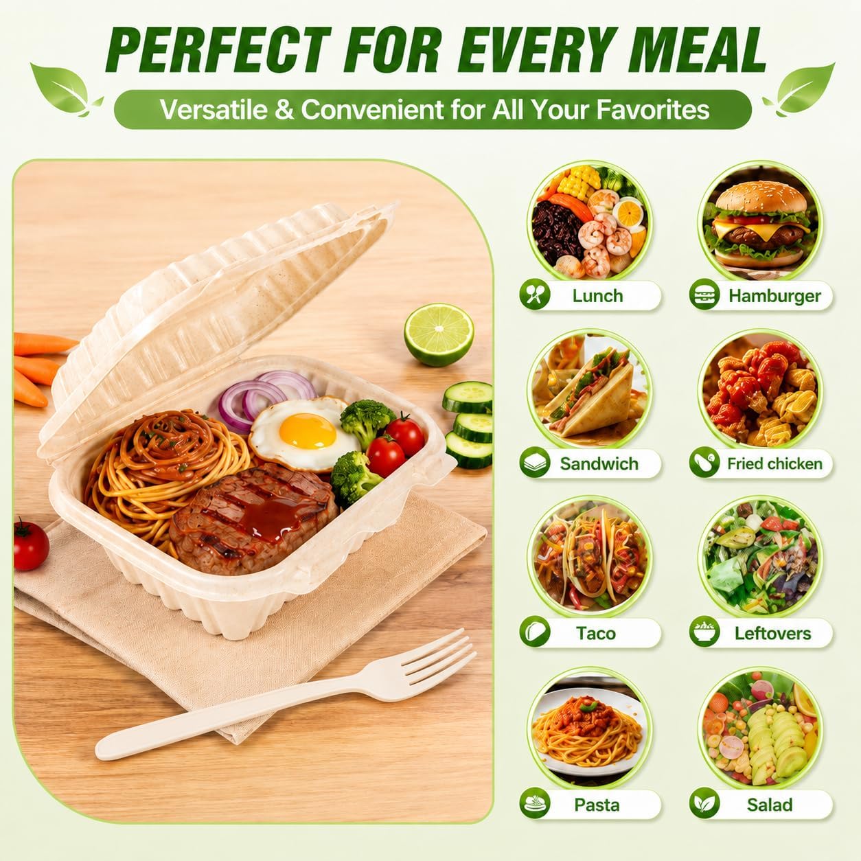 DI QIU REN 50 Pack 26oz Rice Husk Clamshell Food Containers with Lids and Forks, Compostable & Biodegradable, Microwave & Freezer Safe, Disposable Meal Prep & Take Out Boxes for Restaurant, Home