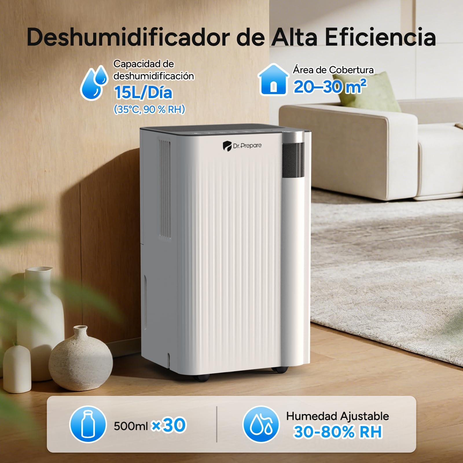 DR.PREPARE Deshumidificador 15L/24h Deshumidificador Silencioso 35 dB con Temporizador 24h 3 Modos Ruedas Giratorias Ideal para 20-30 m² Para Dormitorio, Sótano, Autocaravana, Lavadero