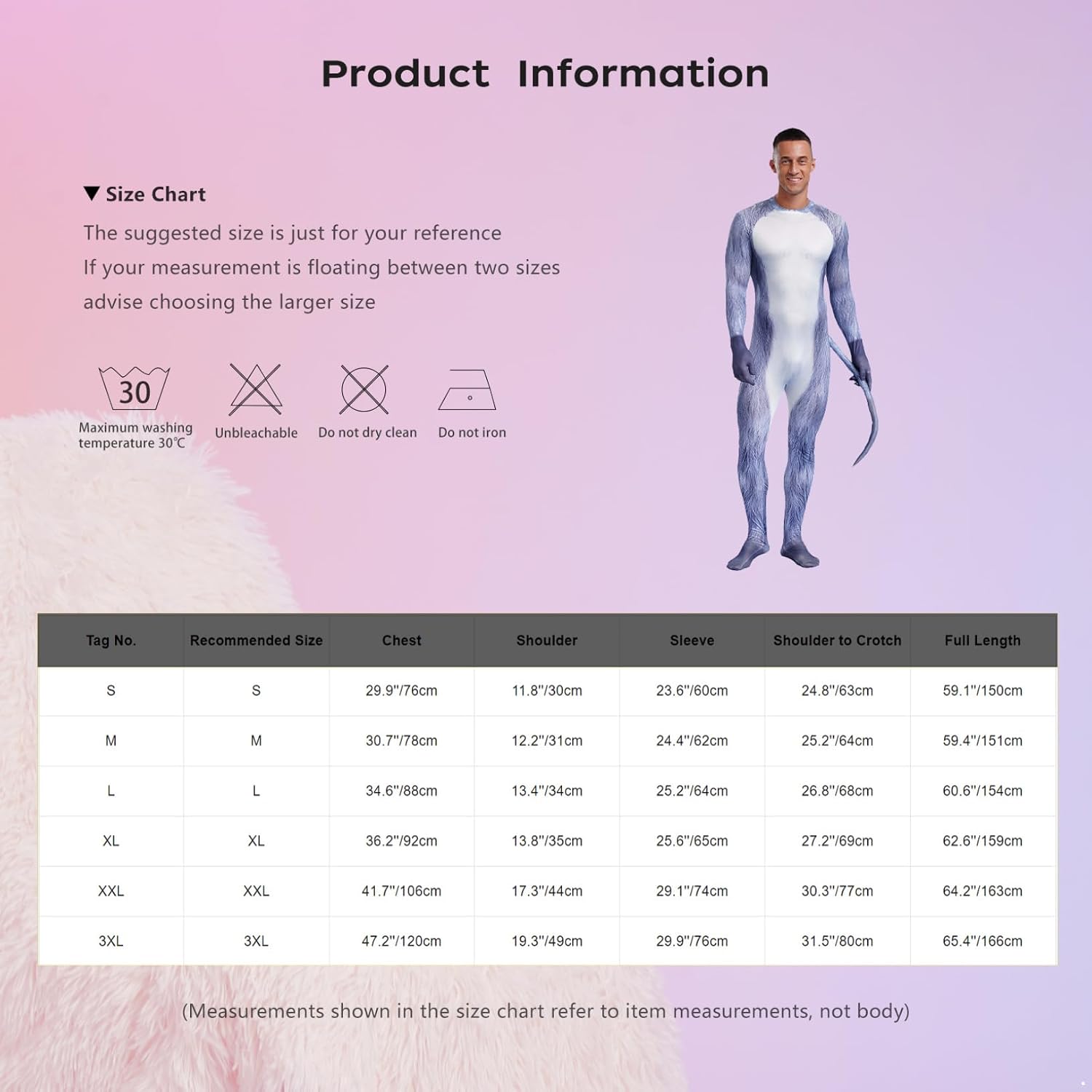 Choomomo Mens Halloween 3D Printed Animal Full-body Jumpsuit with Padded Tail Footed Catsuit Bodysuit
