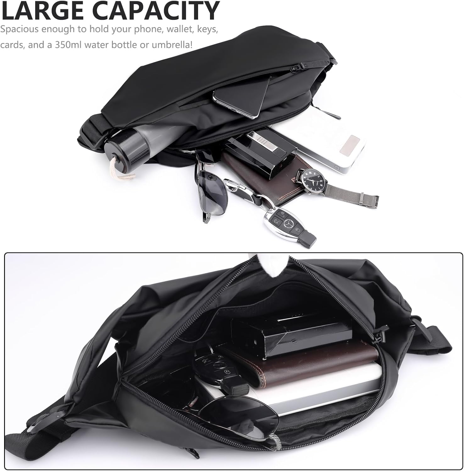 Entchin Crossbody Fanny Pack for Men Women, Large Waist Bag with 4-Zipper Pockets, Premium Belt Bag for Workout Traveling Camping Cycling (Black) - Image 2