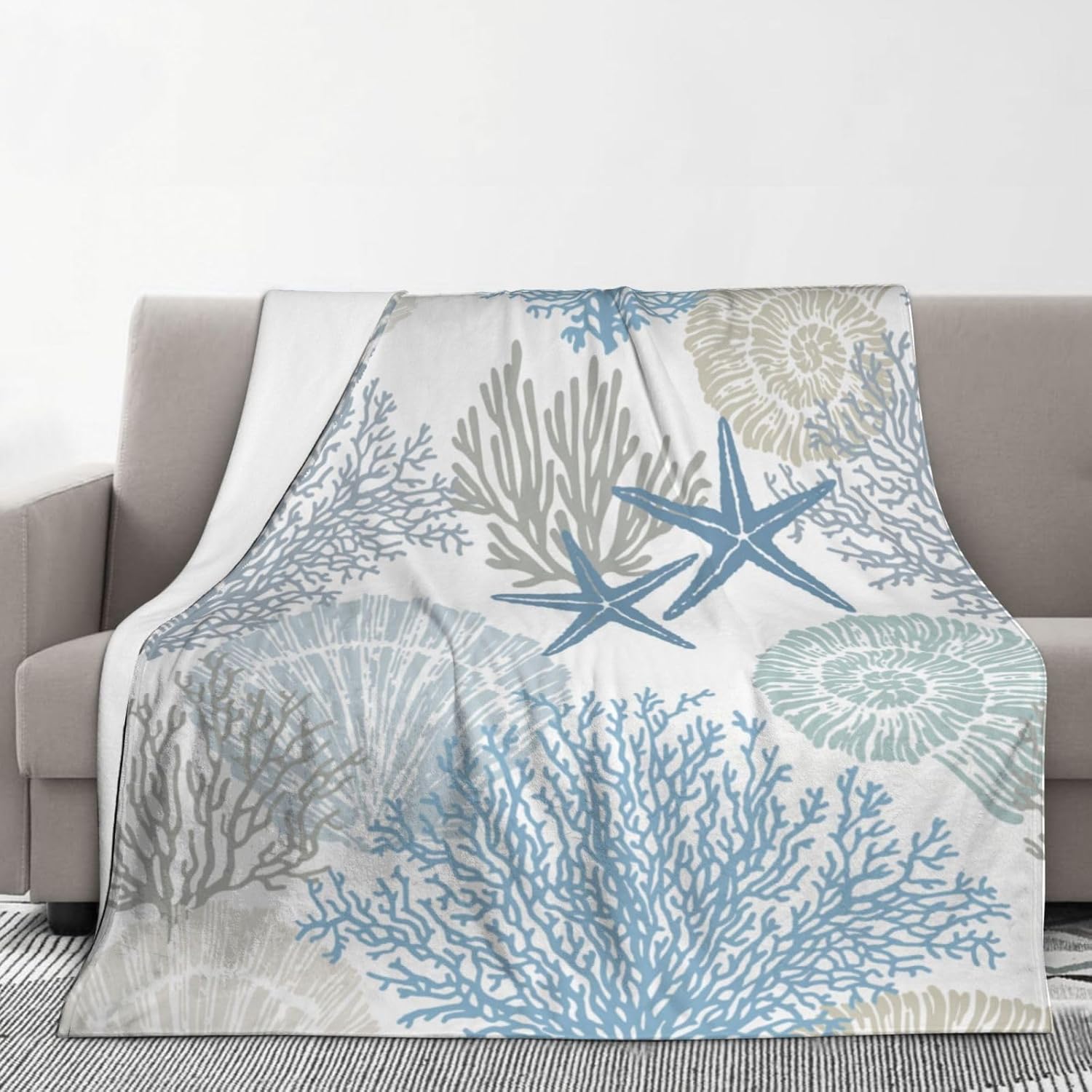 Nautical Coastal Blanket Starfish Seashell Coral Beach Themed Throw Blankets Gifts for Adults Sea Ocean Theme Lightweight Sheet Soft Fleece Cozy for Sofa Couch Bed Room 80x60in
