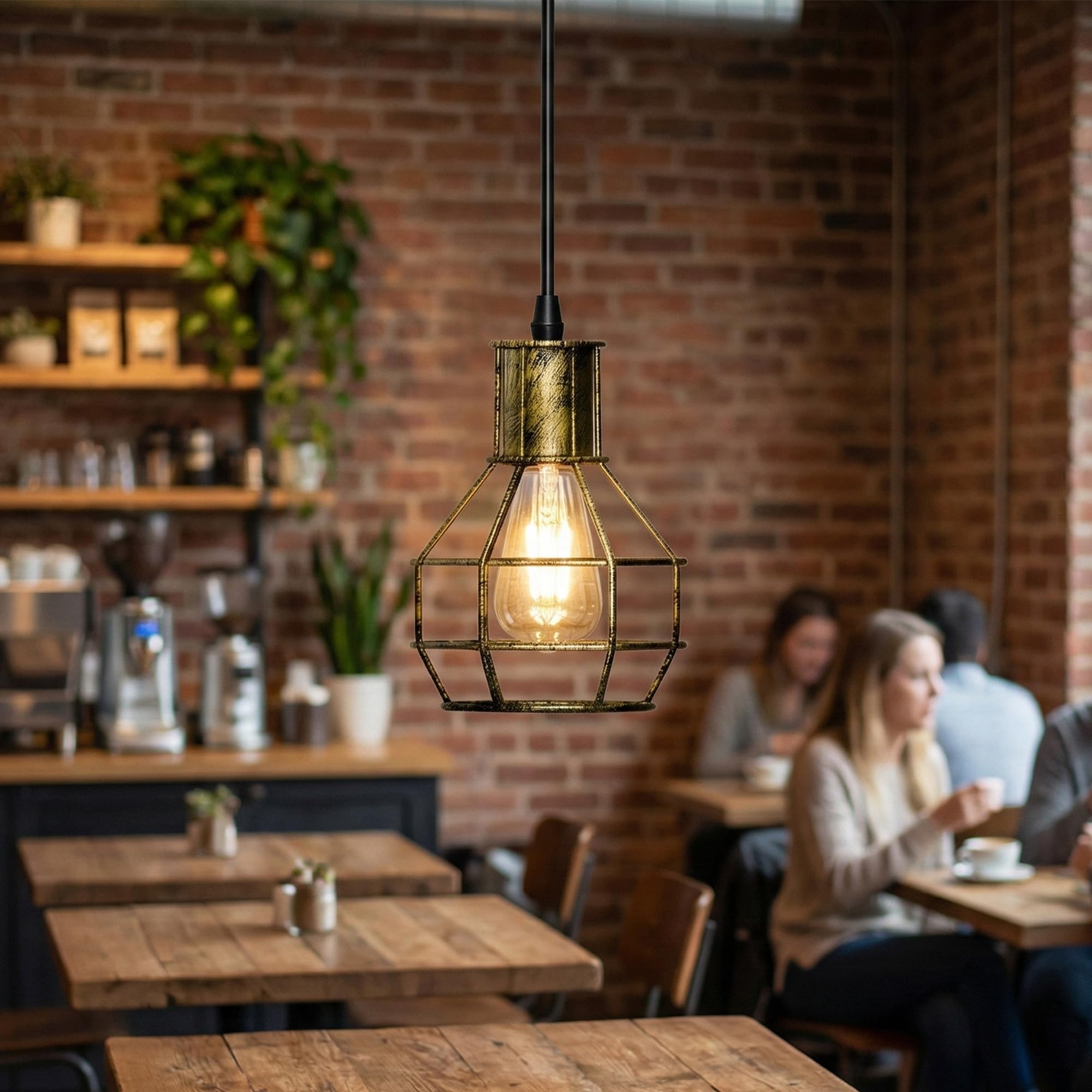 LEDSone Brushed Brass Industrial Pendant Lighting – Vintage Nest Wire Cage Hanging Lamp – Retro E27 Metal Lights for Ceiling – Ideal for Kitchen Island, Dining Room & Bar (Bulb Optional) — image 1