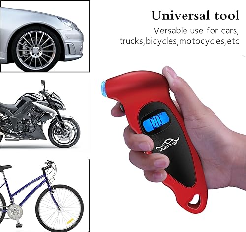 Miniatura 5 de JUSTTOP - Medidor digital de presión de neumáticos, paquete de 2, 150 PSI, 4 ajustes, pautomóvilescamionetasbicicletas, LCD retroiluminado y agarre
