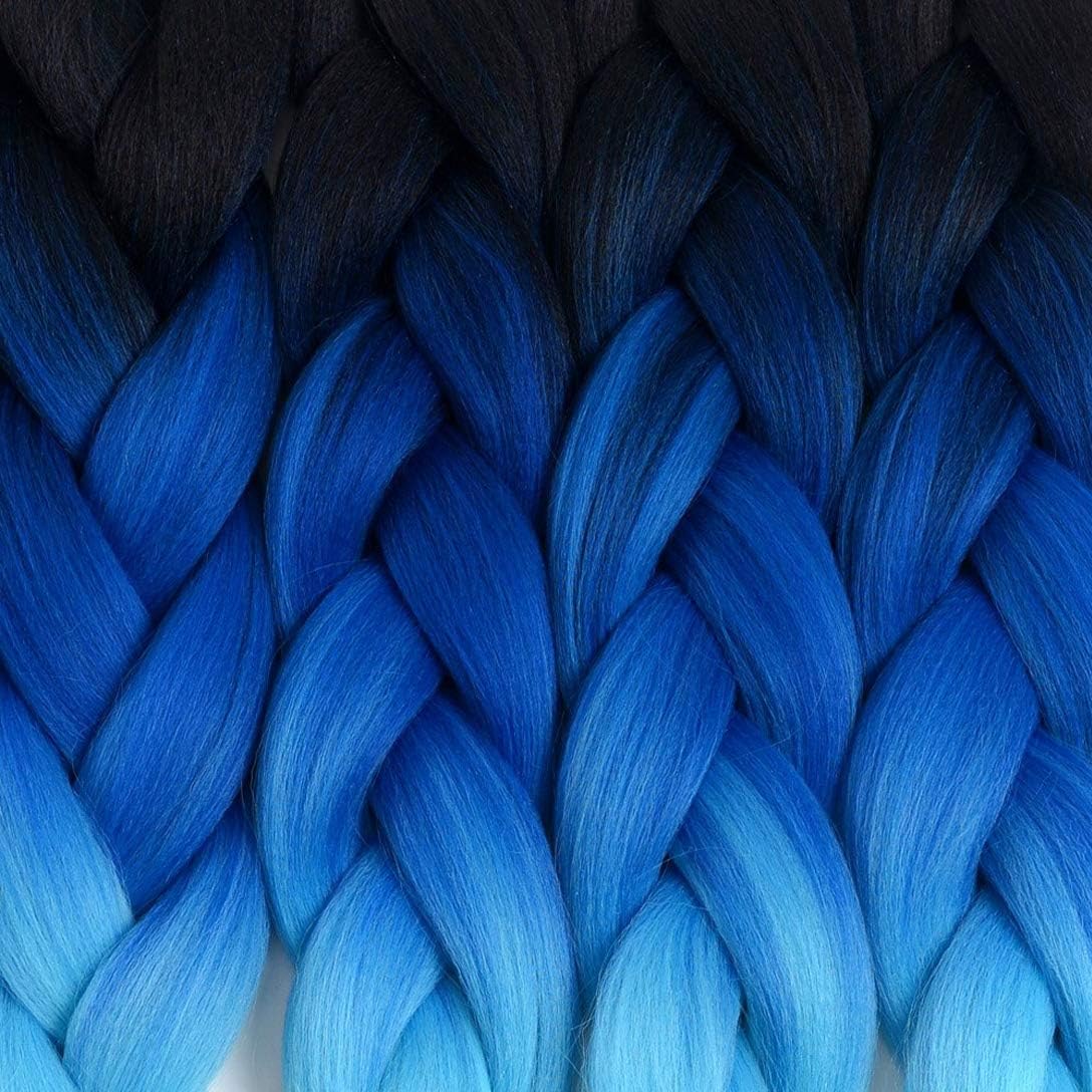 Colorfulpanda Jumbo Braiding Hair Extensions for Womens Ladies Ombre Color Pre Stretched Yaki Texture Synthetic Hair Extensions Artificial 24inch 3 Pieces Black/Sky Blue/Light Blue - Image 3