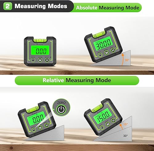 Miniatura 6 de Huepar Medidor de ángulo de nivel digital, mini buscador de ángulos, caja de nivel con base magnética de ranura en V e inclinómetro biselado LCD