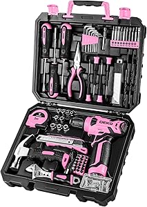 DEKOPRO Drill Set: Tool Set with 8V Pink Cordless Drill, Home Tool Kit with Drill, Hand Tool Kits for Women 126 Piece