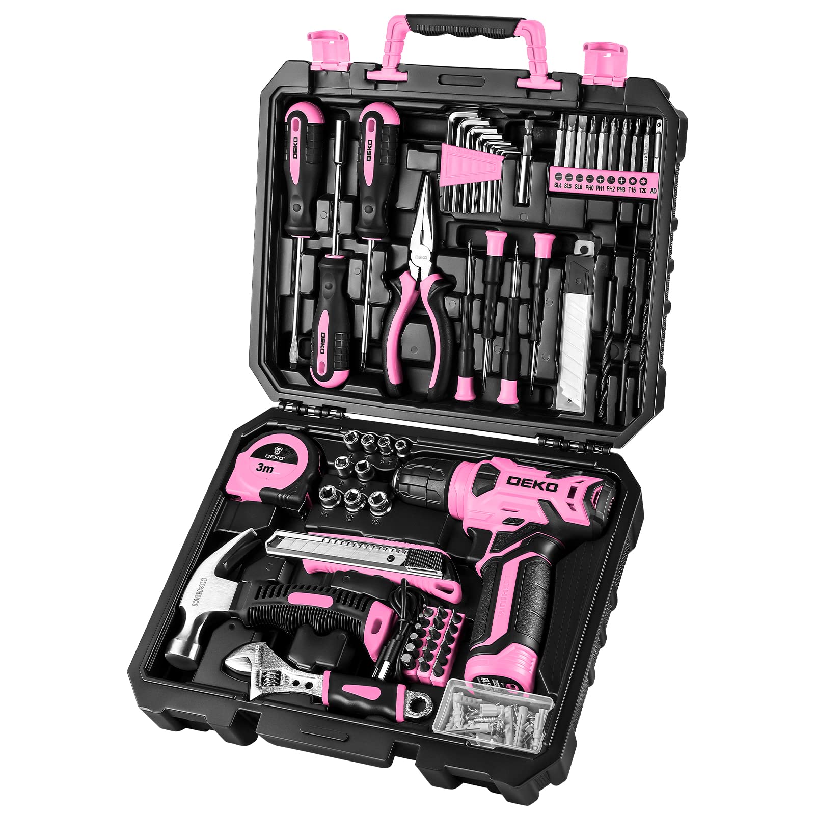DEKOPRO Drill Set, Home Tool Set with 8V Pink Cordless Drill, Hand Tool Kit for Women, 126 pcsDEKOPRO Drill Set, Home Tool Set with 8V Pink Cor…