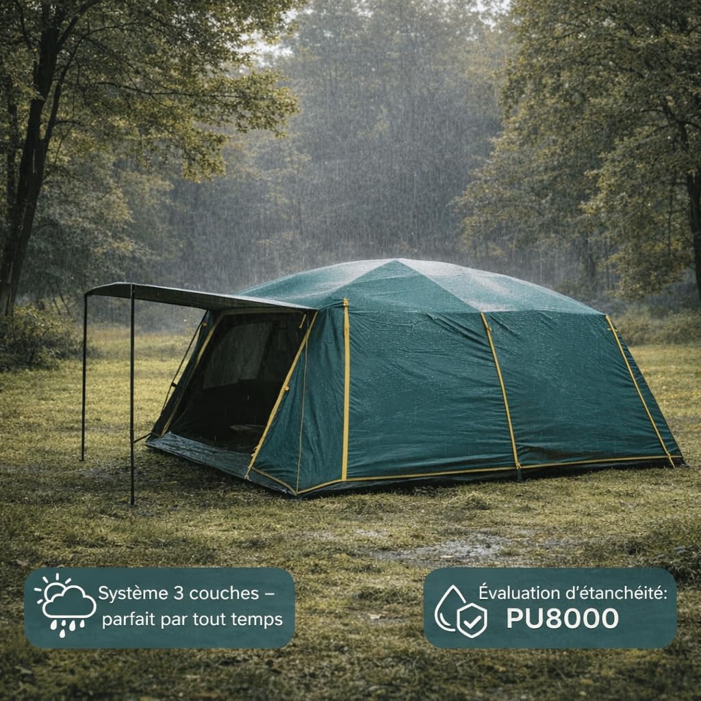 Lyve Tente Familiale XL – Tente de Camping Étanche avec 2 à 3 Cabines de Couchage – Cabines Deep Sleep Occultantes – Colonne d’Eau 8000 mm – 4/6 / 8 Personnes – Verte