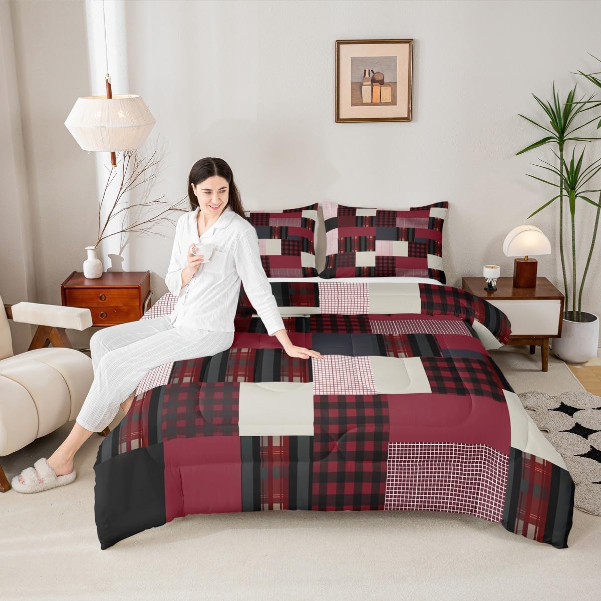 Castle Fairy Geometric Grid Comforter Set Queen Size Watercolor Plaid Patchwork Pattern Quilt Set,3 Piece Luxury Soft Christmas Xmas Bedding Set with 2 Pillow Shams,Lightweight Comfortable