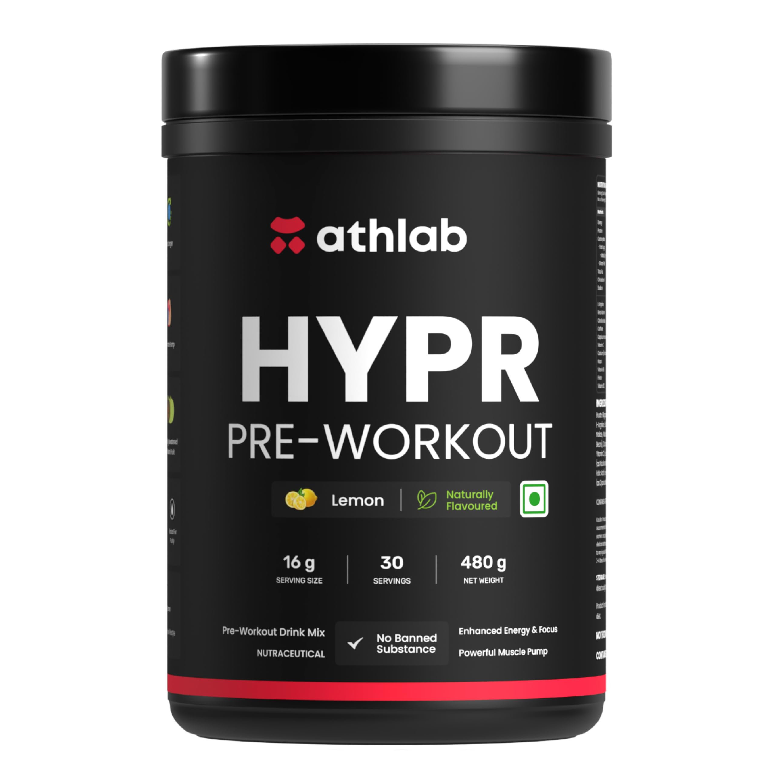 Athlab (by Nutrabay) HYPR Pre Workout | Naturally Flavoured & Sweetened with Monk Fruit | 200mg Natural Caffeine, 3000mg L-Arginine, 2000mg Beta Alanine, 2000mg Citrulline Malate - Lemon, 480g