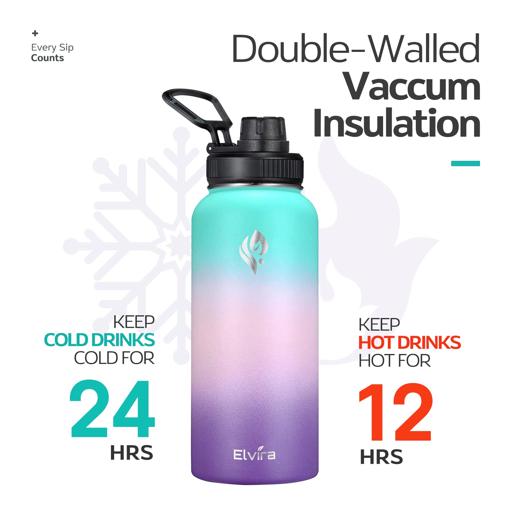 Elvira 32oz Vacuum Insulated Stainless Steel Water Bottle with Straw & Spout Lids, Double Wall Sweat-proof BPA Free to Keep Beverages Cold For 24Hrs or Hot For 12Hrs-Green/Pink/Purple Gradient