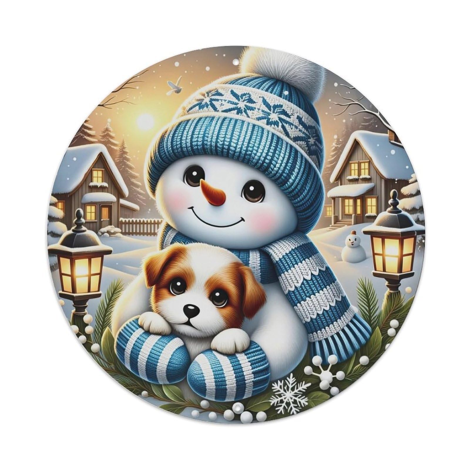 Snowman Puppy Winter Village Lights Metal Tin Sign