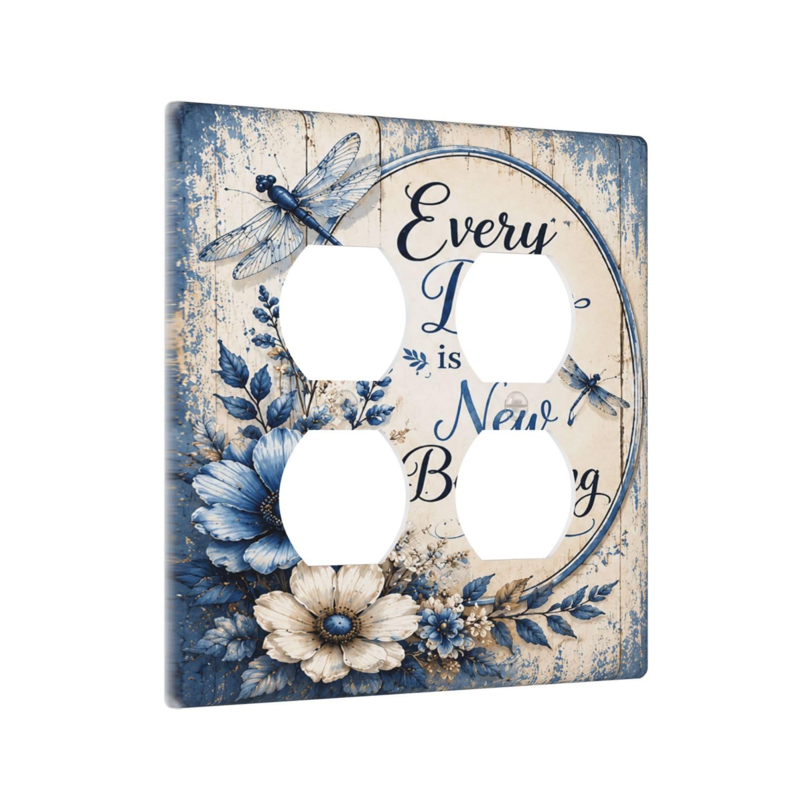 Yamxbfa Inspirational Floral Quote Blue White Wildflower Dragonfly Decorative Outlet Covers 2 Gang Light Switch Cover Plate Double Duplex Wall Plates Electrical Switch Plate Covers For Home Decor