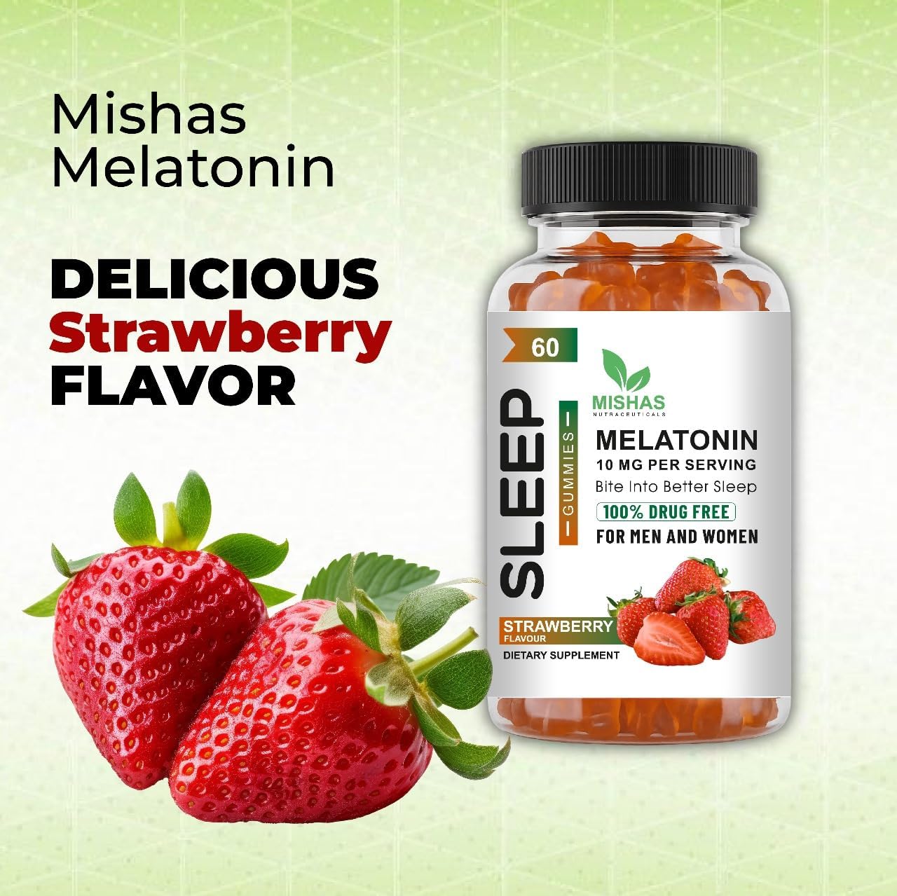 Mishas Nutraceuticals Melatonin Sleep Support Gummies for Adults, 10 mg Melatonin Supplement, 60 Strawberry Flavor Gummies, Provides Up to 30 Days of Restful Sleep