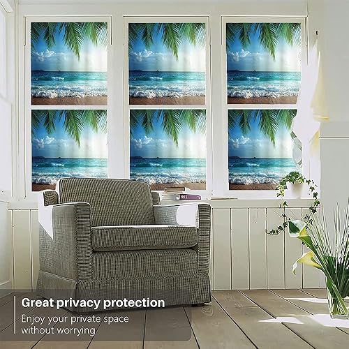 Vista 43 de Tropic - Película 3D para ventana, palmeras tropicales oceánicas en isla soleada, imagen panorámica, para puerta de cristal, baño, sala de estar