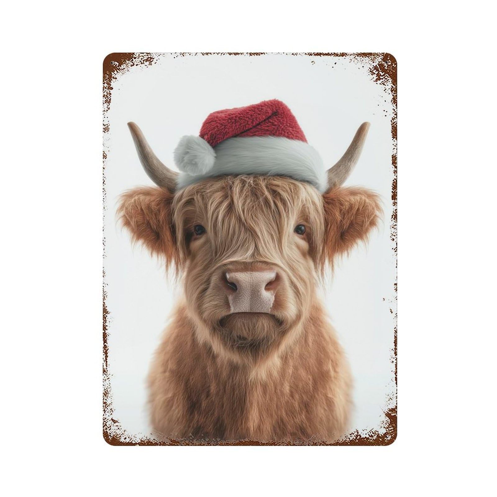 Rusty Metal Tin Sign with Christmas Highland Cow Portrait Design 15.7"x11.8", for Farmhouse, Kitchen And Entryway Decor, Rustic Home Decor