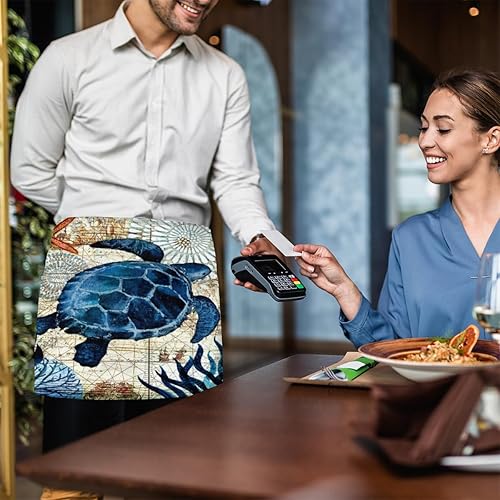 Miniatura 6 de Vintage Turtle 3 Pack Server Aprons with 3 Pocket Waterproof Womens Half Waist Aprons for Cooking Dishwashing Kitchen Gardening Salon