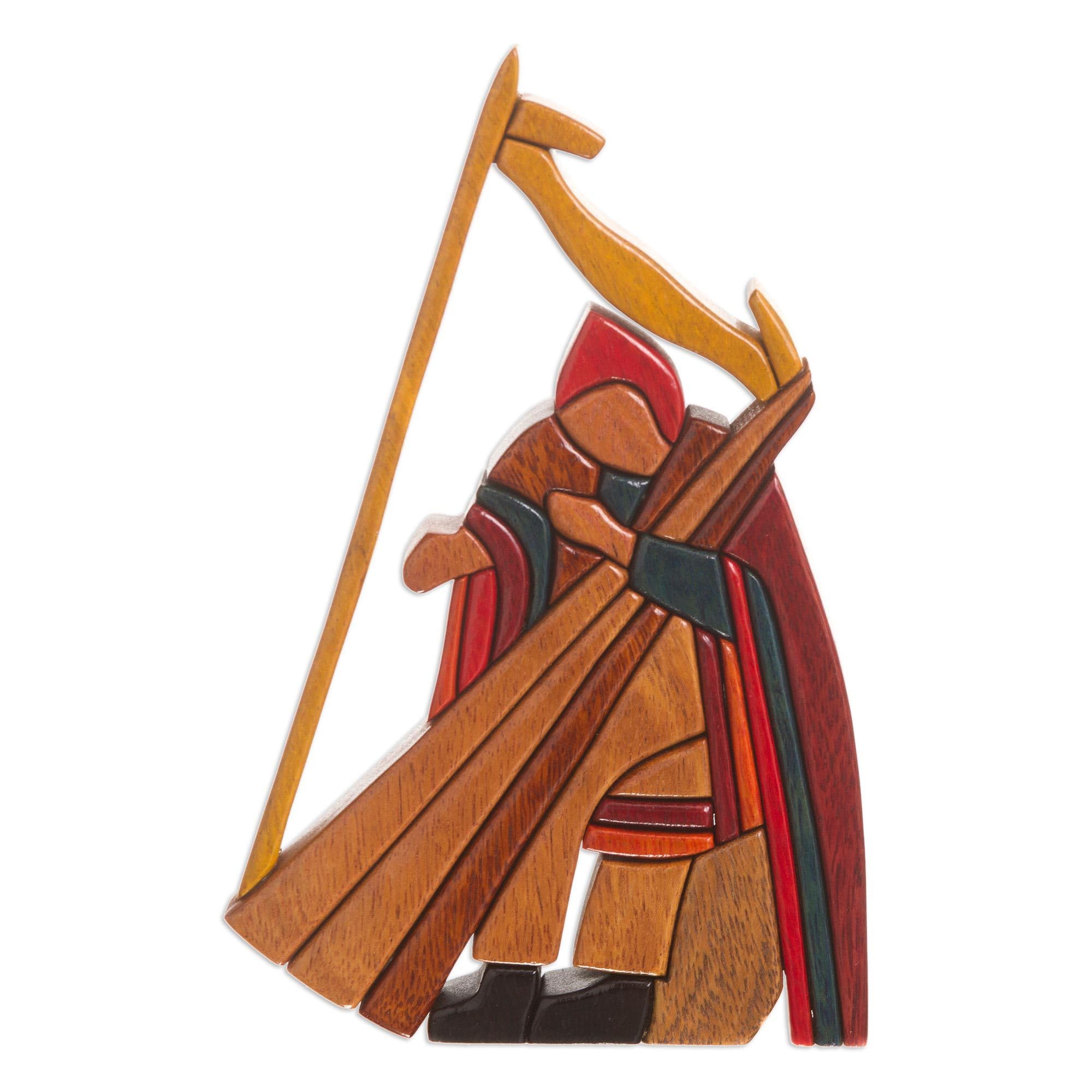 NOVICA Decorative Wood Sculpture, Multicolor, 9.25" Tall 'Andean Harpist'