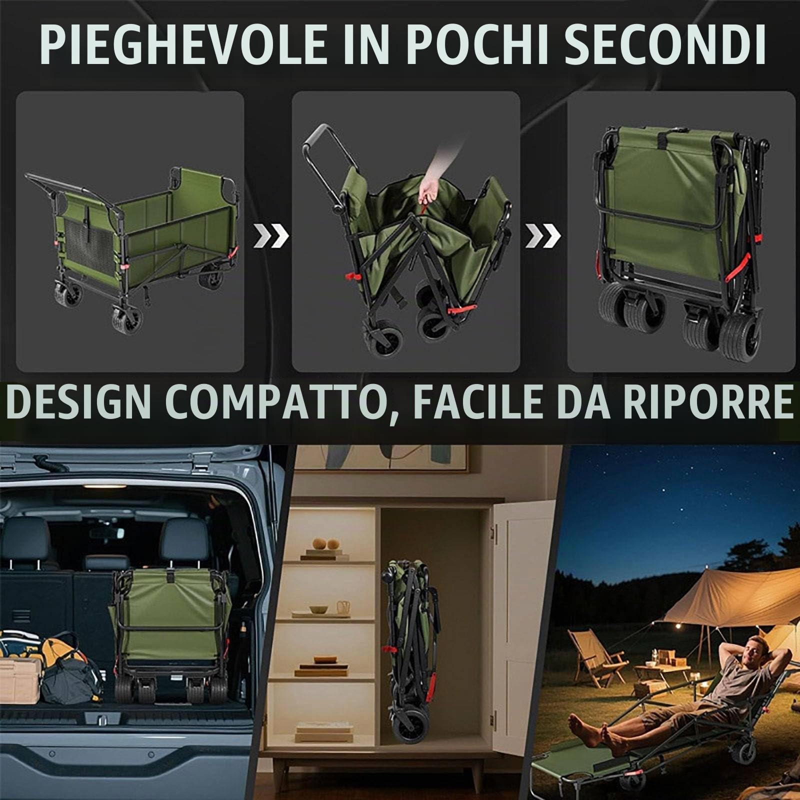 Carrello Pieghevole 2-in-1 & Lettino Solare, Carretto Spiaggia Portatile con Ruote A Tutti I Terreni - per Campeggio, Festival, Shopping, Giardino E Picnic, capacità Max 150kg