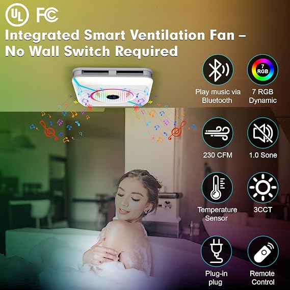 Bathroom Exhaust Fan with Light and Bluetooth Speaker | 230 CFM 1.0 Sone Quiet Bathroom Vent Fan , 3 Dynamic Lighting (3000K - 6500K) 7 RGB Modes & Nightligh, Remote Control