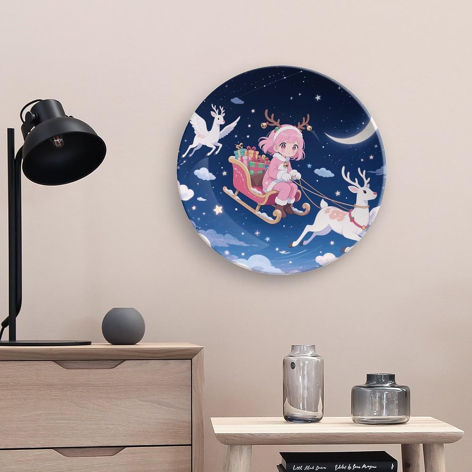 Christmas Women Decorative Plates Bone China Plates with Stand for Display 10inch Round Ceramic Dinner Plates Dessert Plate for Kitchen Party Coffee Table Decor Art