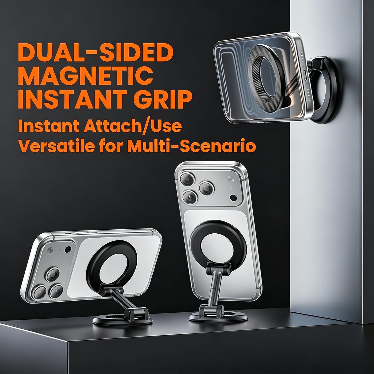 PKYAA Magnetic Ring Phone Holder [Dual-Sided Magnetic] [Super Magnet] [Carbon Fiber] 2026 Upgraded Foldable Double Magnet Phone Mount for Magsafe, 360° Rotation Car/Gym/Desk Phone Stand