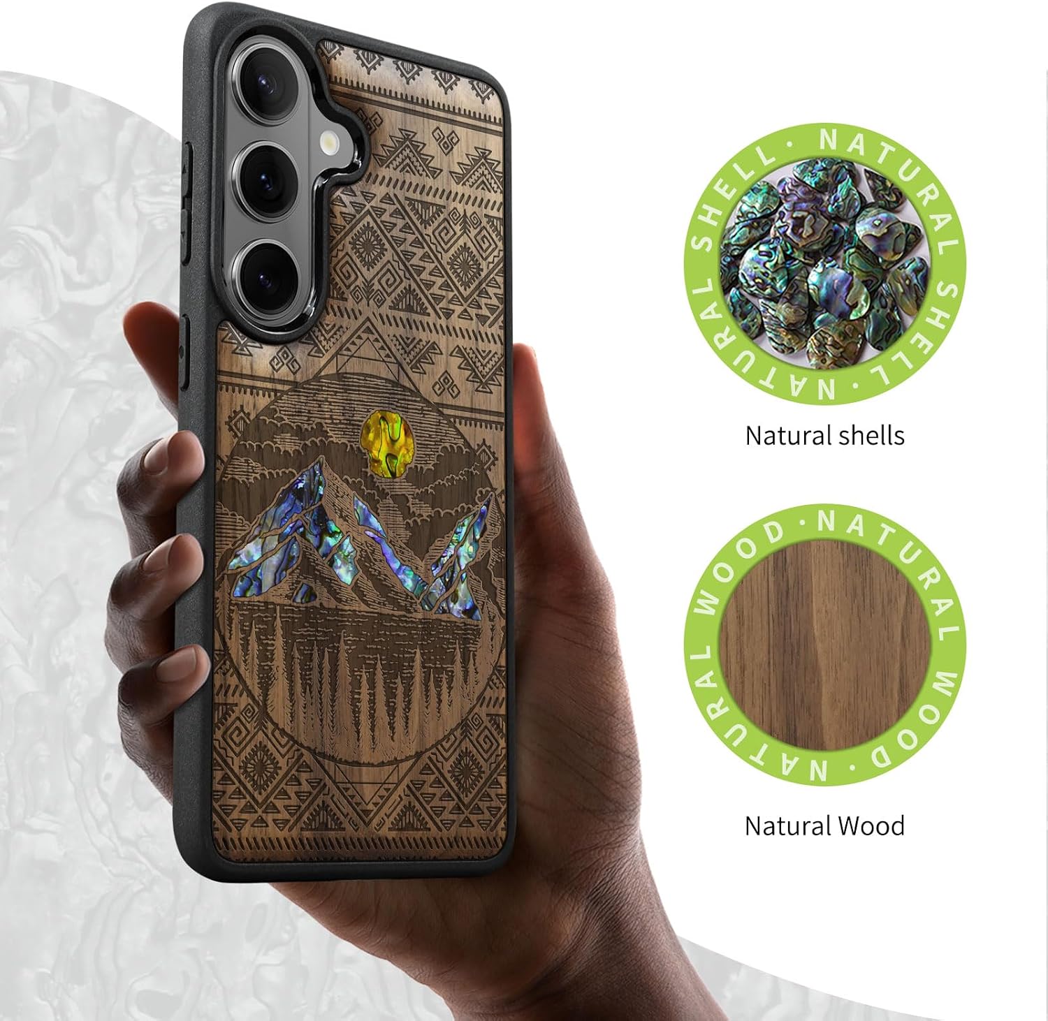 Carveit Magnetic Wooden Case for Samsung Galaxy S26 Case, Wood Artisan Engraved & Handmade Shell Inlaid, Compatible with MagSafe Wireless Chargers (Aztec Style Alpine Lakes) Walnut