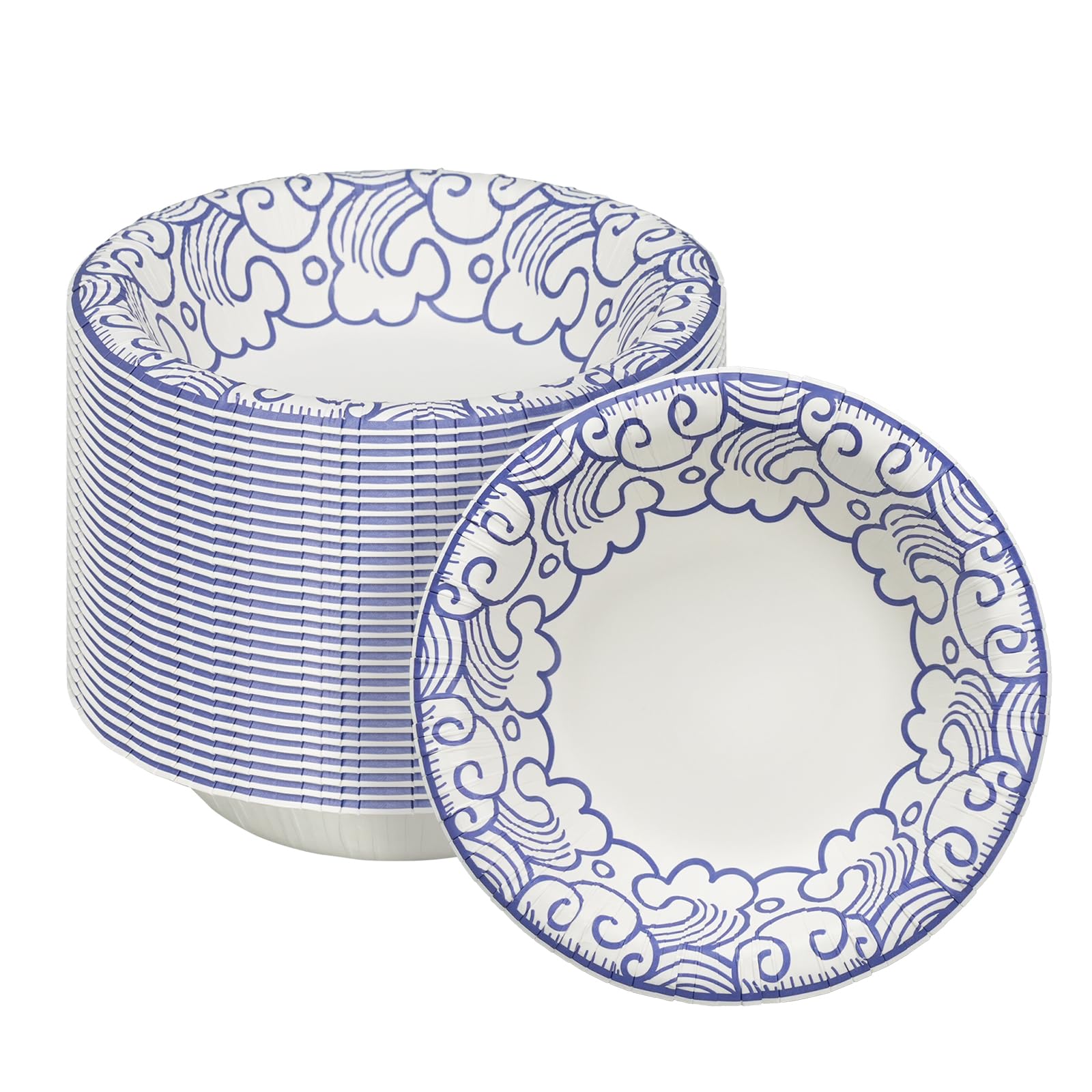 Cherypick Paper Bowls 16 oz/470 ml, 30 Pack Disposable Heavy Paper Bowls with Blue Porcelain Pattern, Microwave Safe and Leak-Proof Party Bowls for Family, BBQs, Picnics and Garden Parties