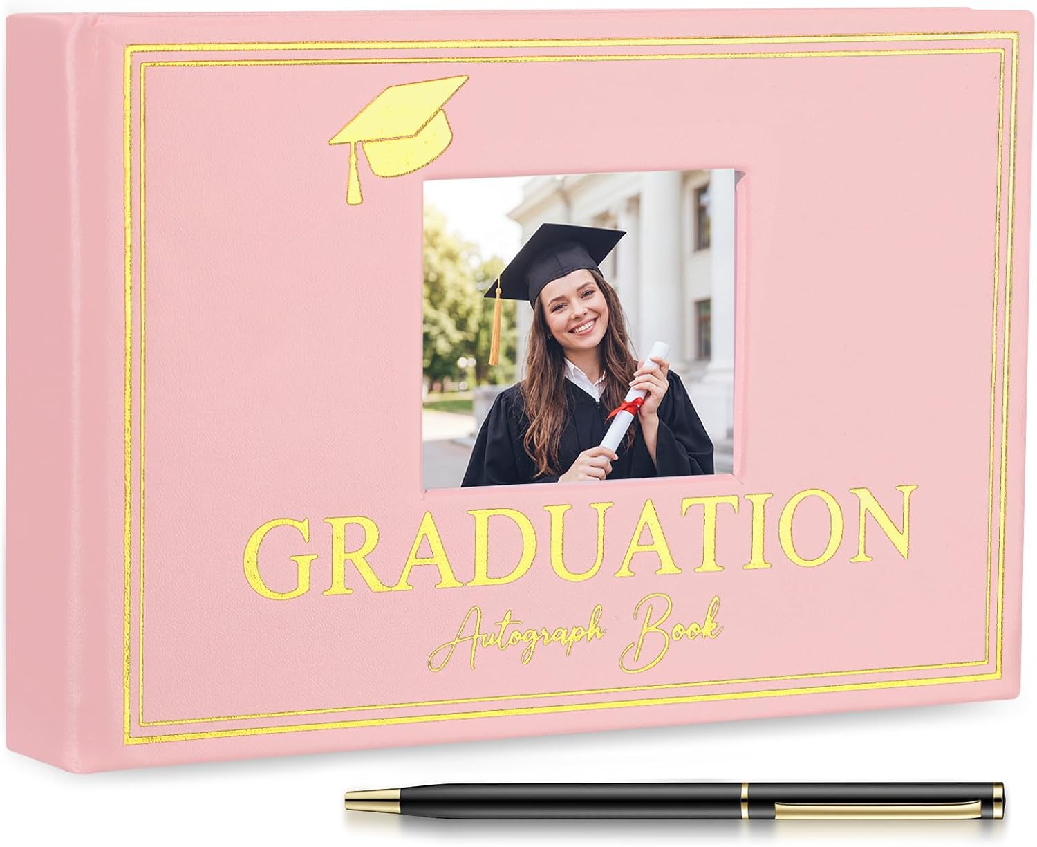 Resurhang 2026 Graduation Autograph Book with Pen Leather Guest Sign in Book Photo Graduation Signature Books 100 Pages Class of Grad Memory Scrapbook for Seniors Night College Party Gifts(Pink)