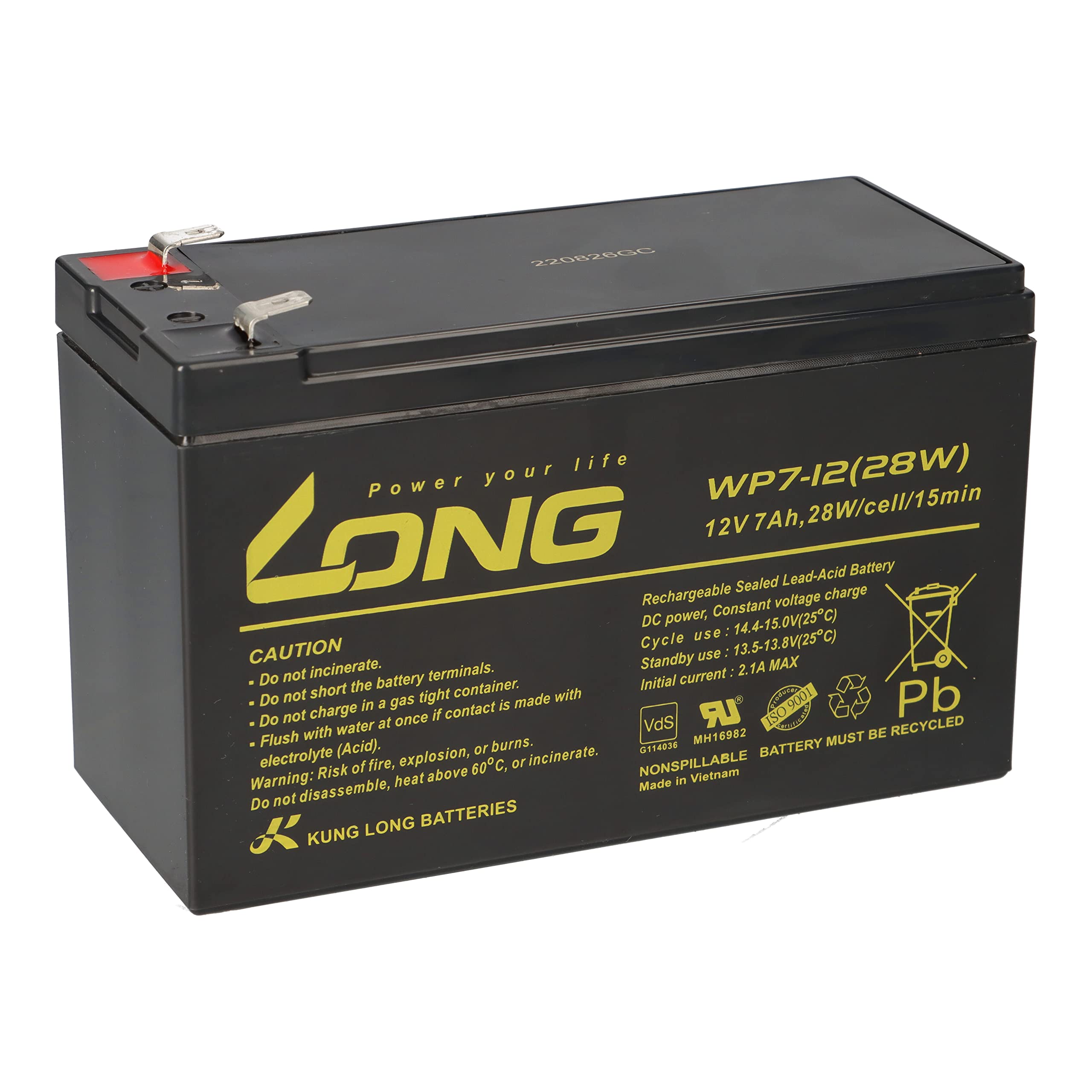 1 batterie au plomb AGM 12 V 7 Ah longue WP7-12 28 W VDs Faston F2 6,3 mm compatible gel plomb 7,2 Ah 8 Ah 9 Ah