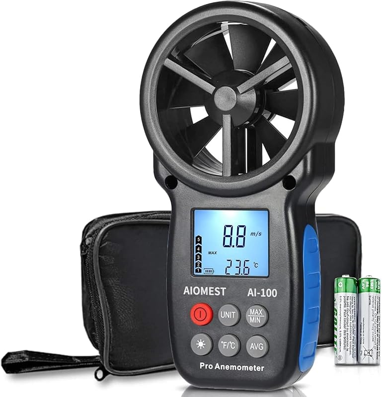 AIOMEST Anemómetro digital, medidor de velocidad del viento de mano AI-100, medidor de flujo de aire mide la temperatura del aire ℃/℉ velocidad para HVAC con retroiluminación de sensación térmica