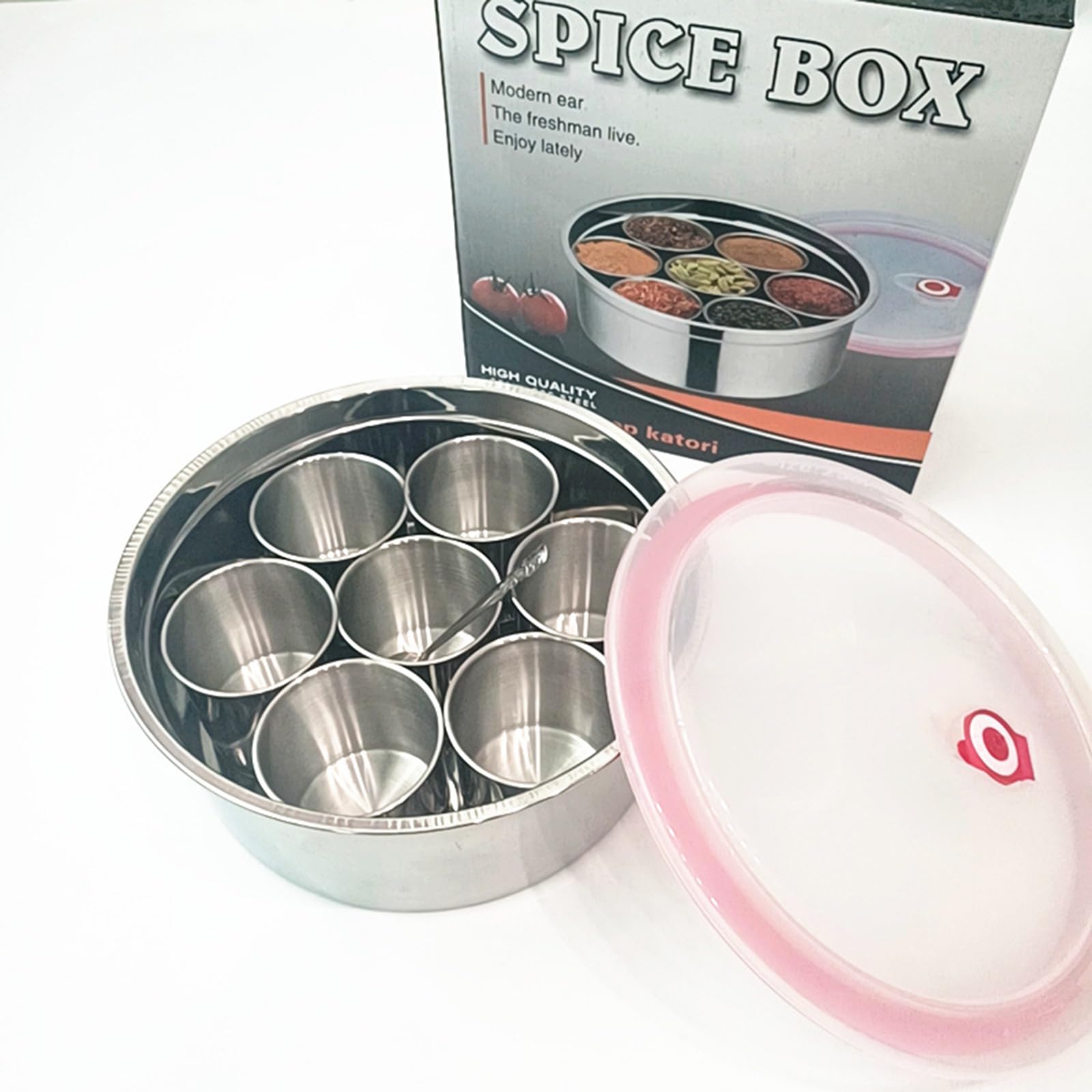 Recipiente de Acero Inoxidable de 7 Rejillas para Juego de Especias, Tarro de Especias Redondo de 25 cm con Tapa Transparente, Caja Organizadora de Condimentos de Cocina con Cuchara para Condimentos