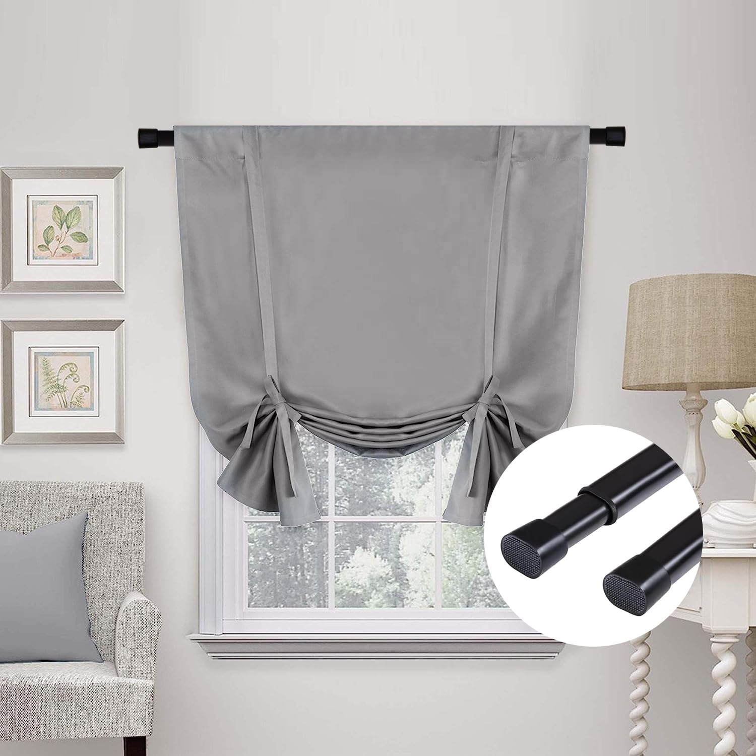 H.VERSAILTEX Grey Curtain Thermal Insulated Tie Up Window Shade 42 inches Bundle 2 Pack Spring Tension Curtain Rods 36-60 Inch