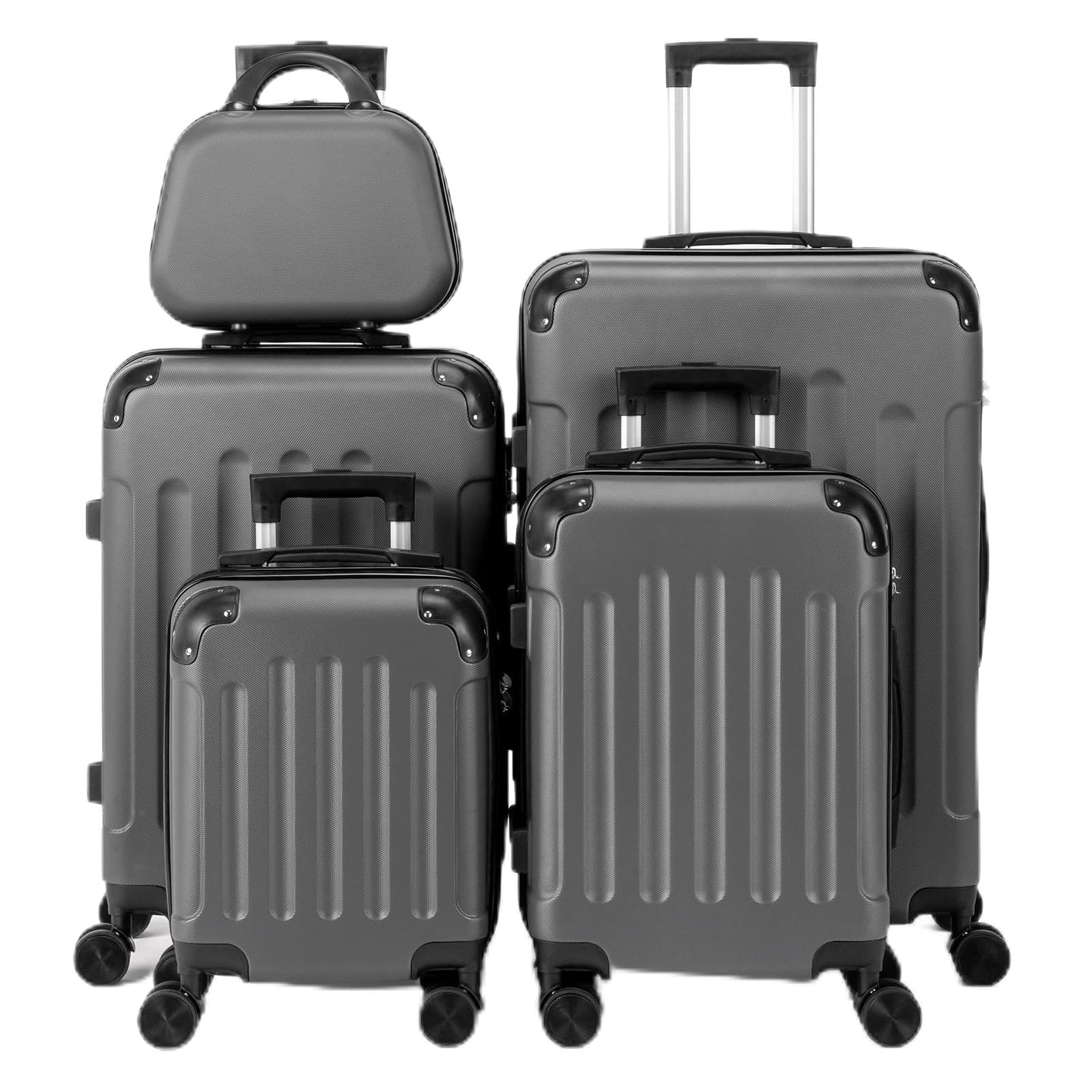LEADZM Koffer Set 5 teilig Hartschale mit Kosmetikkoffer, Kofferset mit verstärkten Ecken, Reisekoffer mit Rollen Groß, Handgepäck, Hartschalenkoffer Set aus ABS, Koffer & Trolleys (Dunkelgrau)