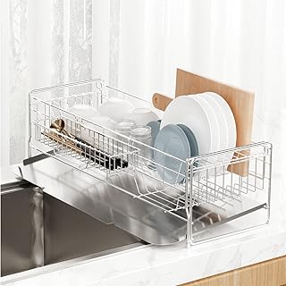 【aiji】 水切り 水切りラック 伸縮 調整可能 ステンレス 食器 水切りかご 大容量 水切りカゴ シンク上 自動排水 横置 流れる キッチン キッチン用品 台所収納 キッチン収納 棚 収納 箸置き付き キッチンラック 調理台 省スペース 組み立て簡単 カップホルダー 小物カゴ 水受けトレー 収納ラック