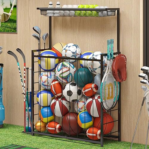 Large Sports Equipment Organizer, Garage Storage Ball Rack with Elastic Straps and 3 Hooks, Outdoor Toy Organizer Stand, Garage Organization Storage Rack for Basketball, Football, Soccer, Volleyball