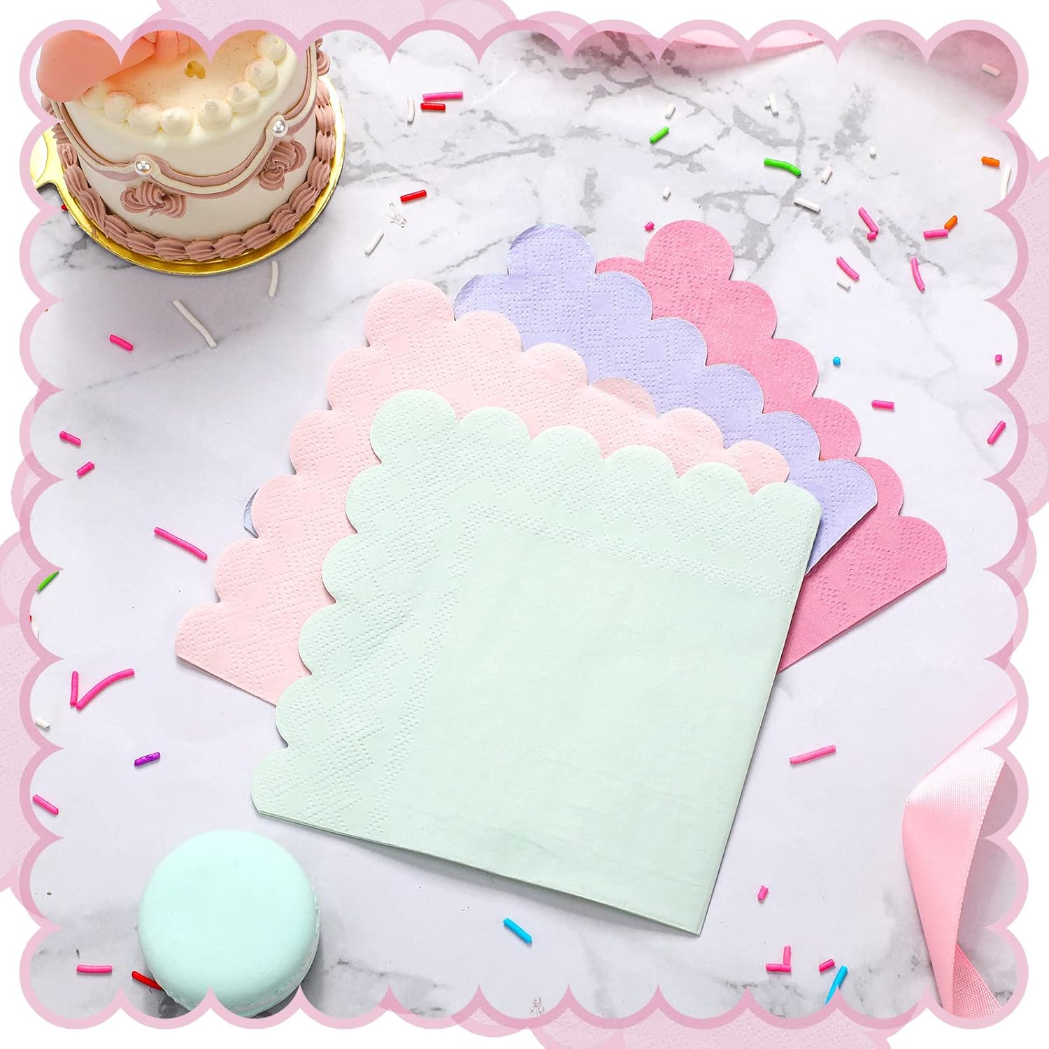Kosiz 100 Pieces Scalloped Edged Cocktail Napkins 5 x 5" Disposable Pastel Paper Napkins Bulk for 4 Macaron Colors Wedding Shower Baby Beverage Dinner Birthday Party Home Kitchen Supplies Tableware