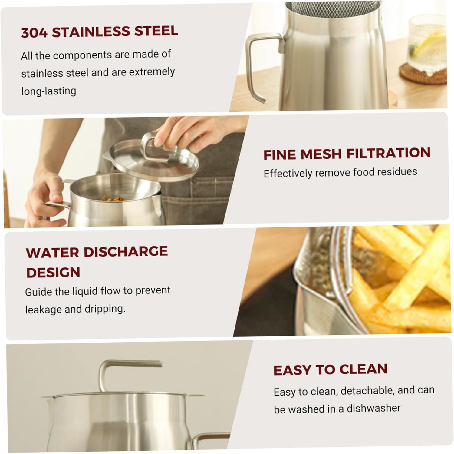 2 in 1 Oil Strainer Pot Fryer 2.2L Stainless Steel Bacon Grease Saver with Strainer & Frying Basket for Reusable Cooking Oil, Frying and Filtering Container, Silver