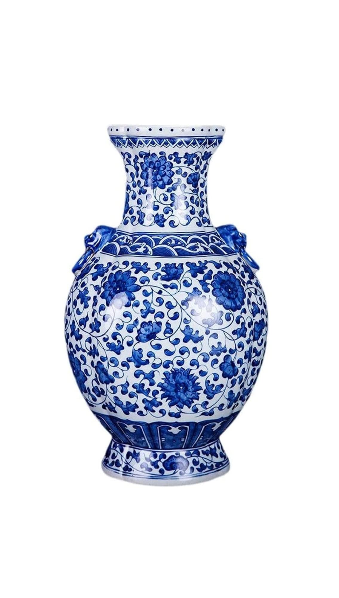 Vasen Vase aus Keramik, handgefertigt, Doppel-Löwenohr, Flasche, blaues und weißes Muster, Schlafzimmer, Büro-Accessoires