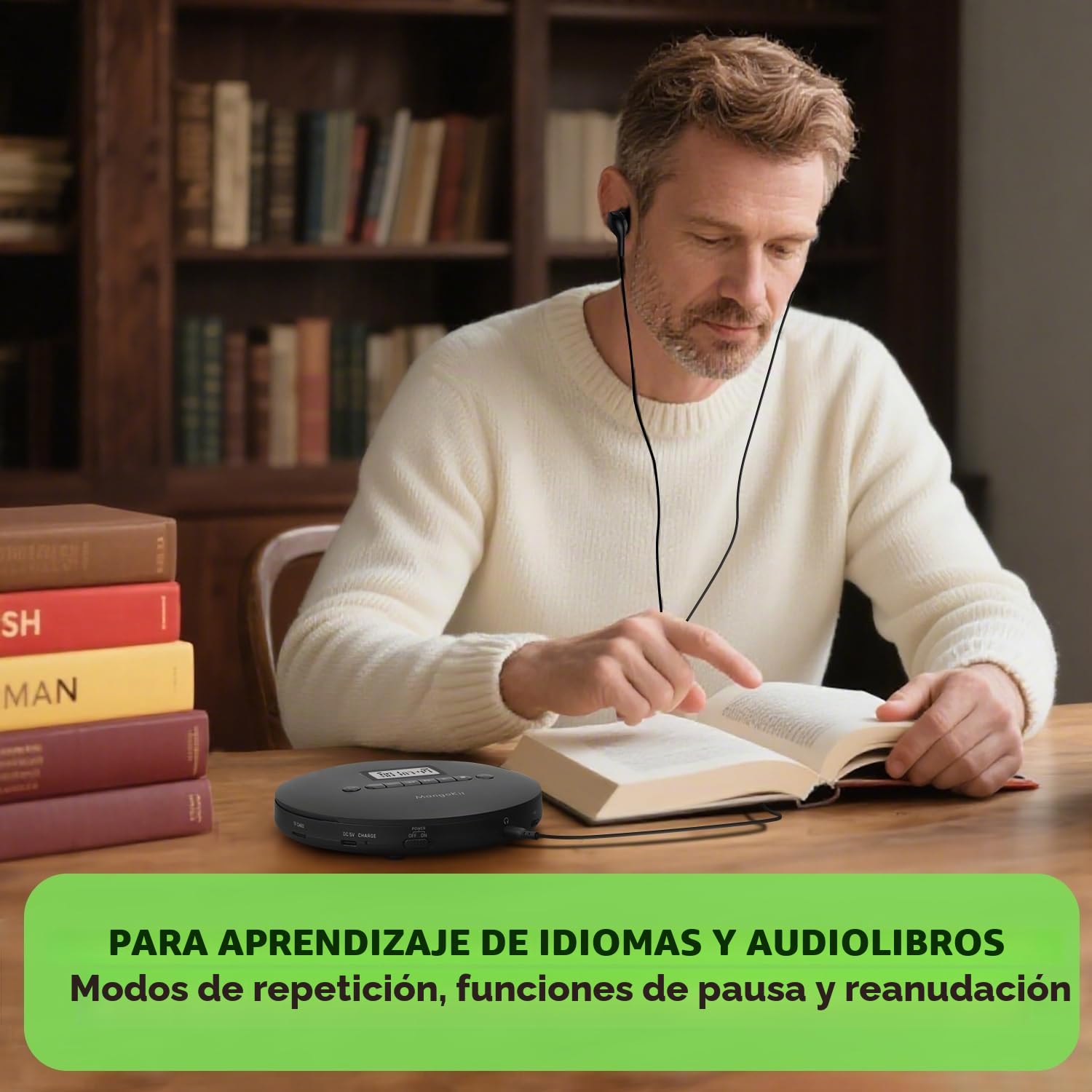 CD-X Reproductor CD Portátil, Bluetooth, Recargable, Antisalto | AUX para coche, batería 12h, lee CD/CD-R/CD-RW/MP3/WMA, carga USB, auriculares incluidos, ideal para viajar y audiolibros